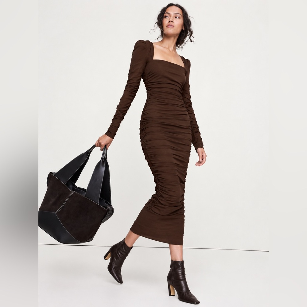 NWT! Banana Republic Espresso Brown Stretch-Crepe Ruched Midi Dress - Size 12 ✈️
